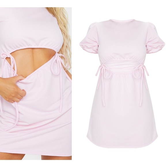 NWT PrettyLittleThing Baby Pink Puff Sleeve Cut Out Tie Sweatshirt Mini Dress 0 - Picture 7 of 12